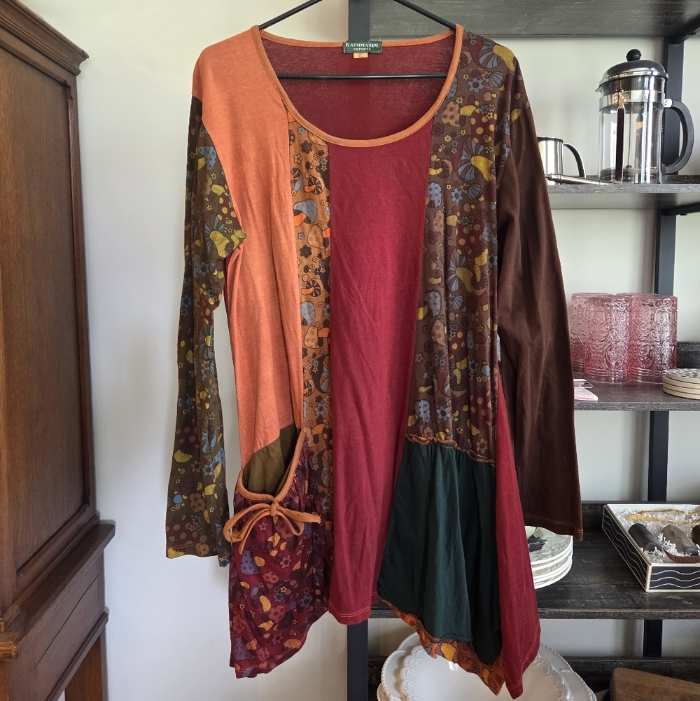 Groovy Mushroom Dress Patchwork Boho Long Sleeve Tunic Rust Burgundy Brown M/L